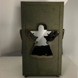 Vintage Rustic Old Metal Moss Green Cookie Cutout Angel Candle Holder Lantern